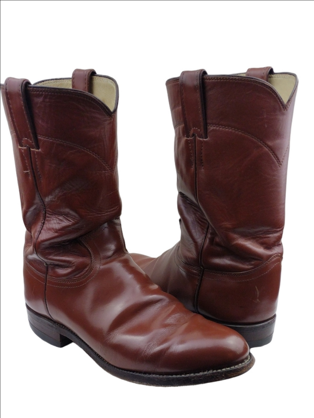 Justin Style Brown Stitched Leather Almond Toe Mid Calf Low Heel Western Boot